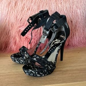 Guess High Heels Platform Sandals with Ankle Straps in Black Lace Size 8